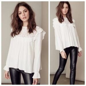 For Love & Lemons Vivian White Lace Ruffle Long Sleeve Blouse, Size Medium